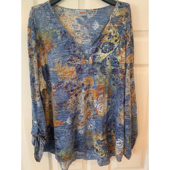 Tianello Blue & Brown Long Sleeve Floral Tunic Extra Large - Picture 1 of 5